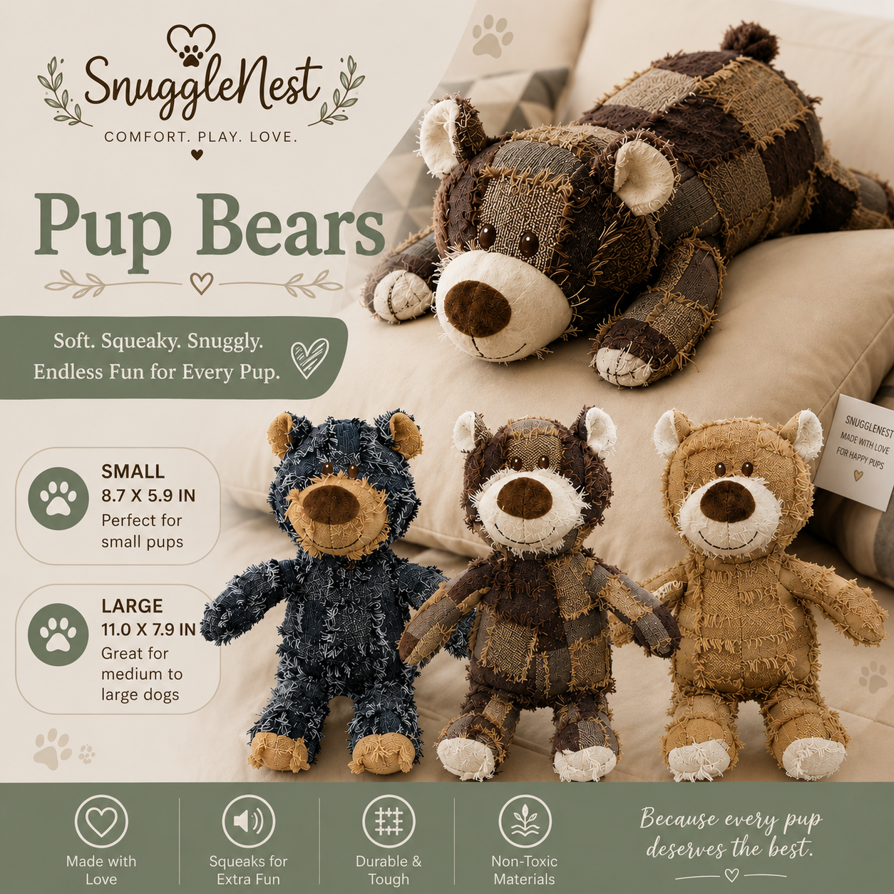 SnuggleNest™ Pup Bears | Soft Plush Squeaky Dog Toy